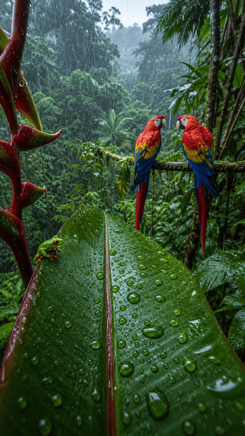 Scarlet Macaws in the Rain, Amazon