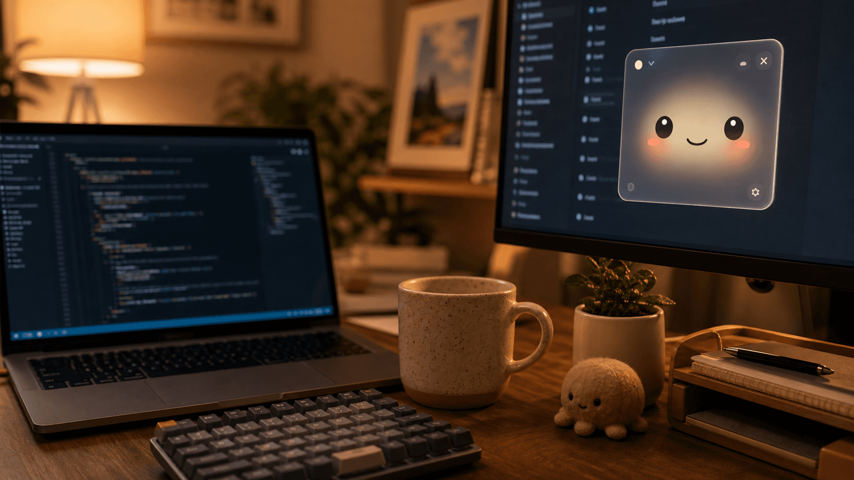 Cozy developer desk with a cute floating AI face companion on screen.