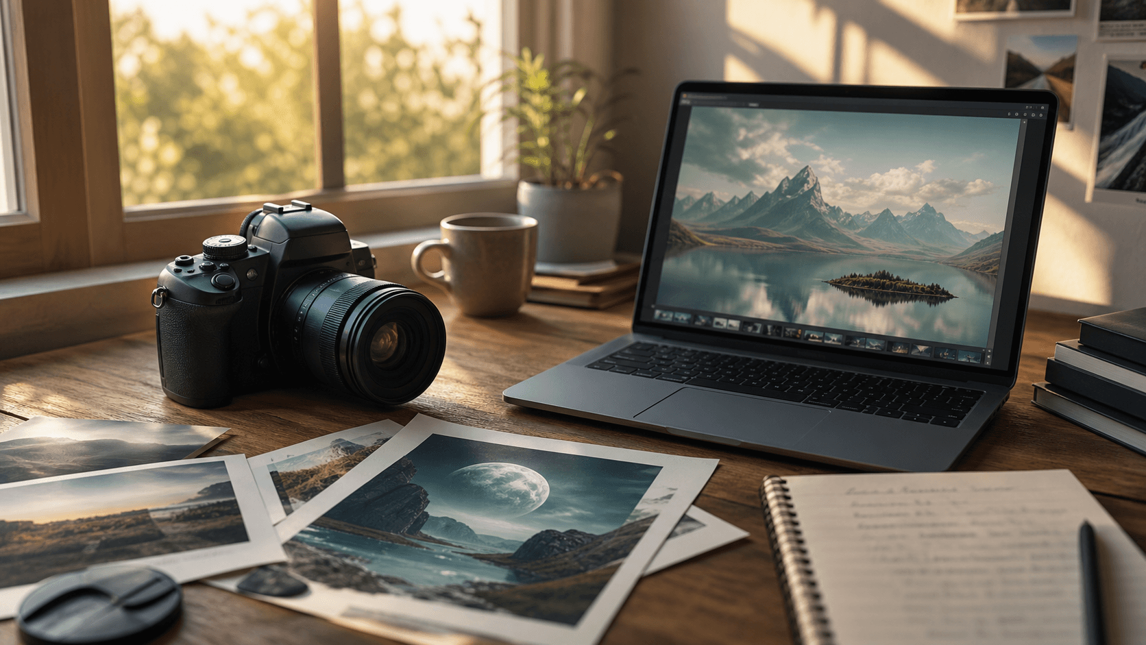 Camera, laptop, and photographic prints arranged in warm golden-hour light.