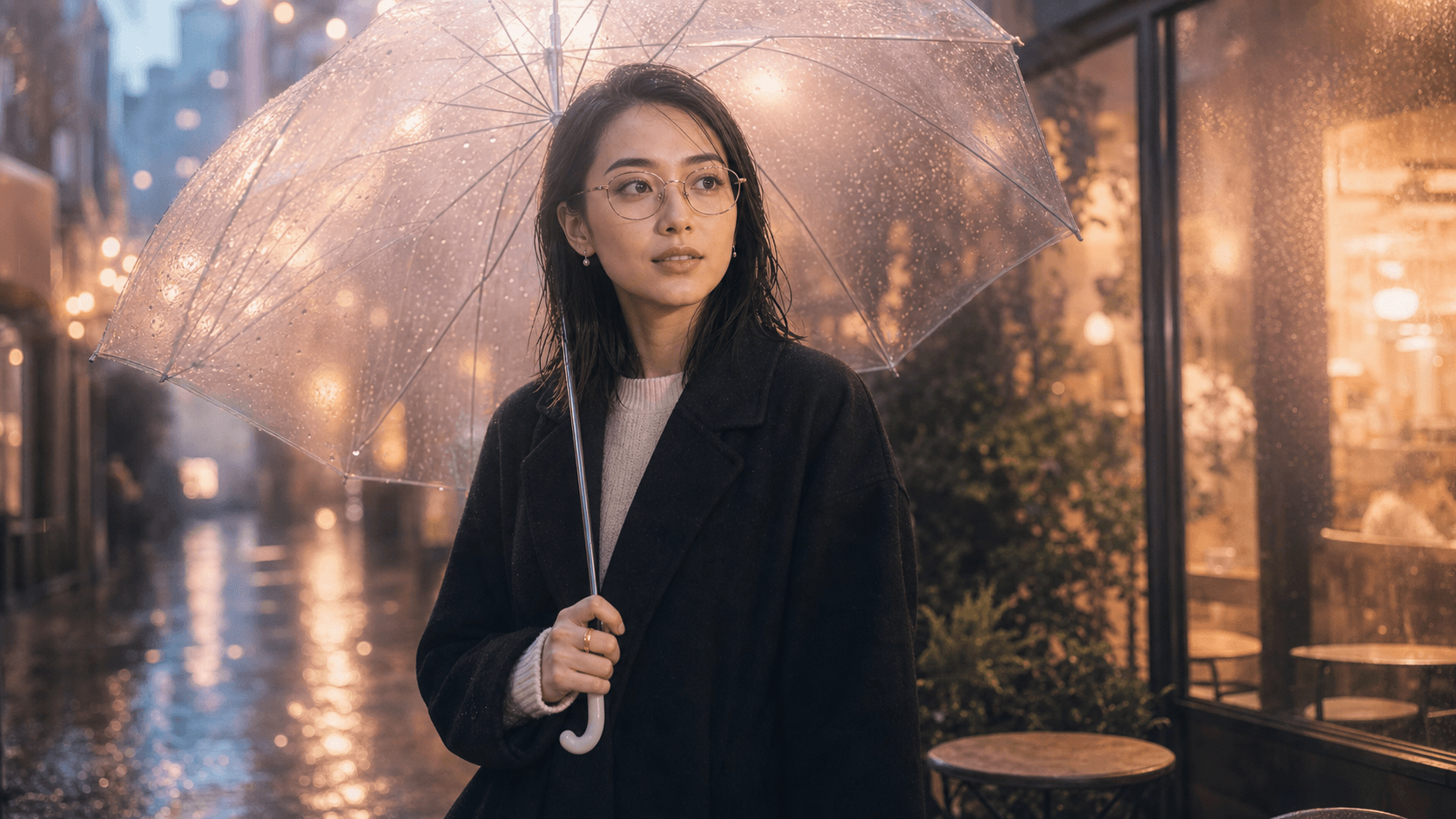 Dreamy rainy-night portrait of Emily Sato under a transparent umbrella.