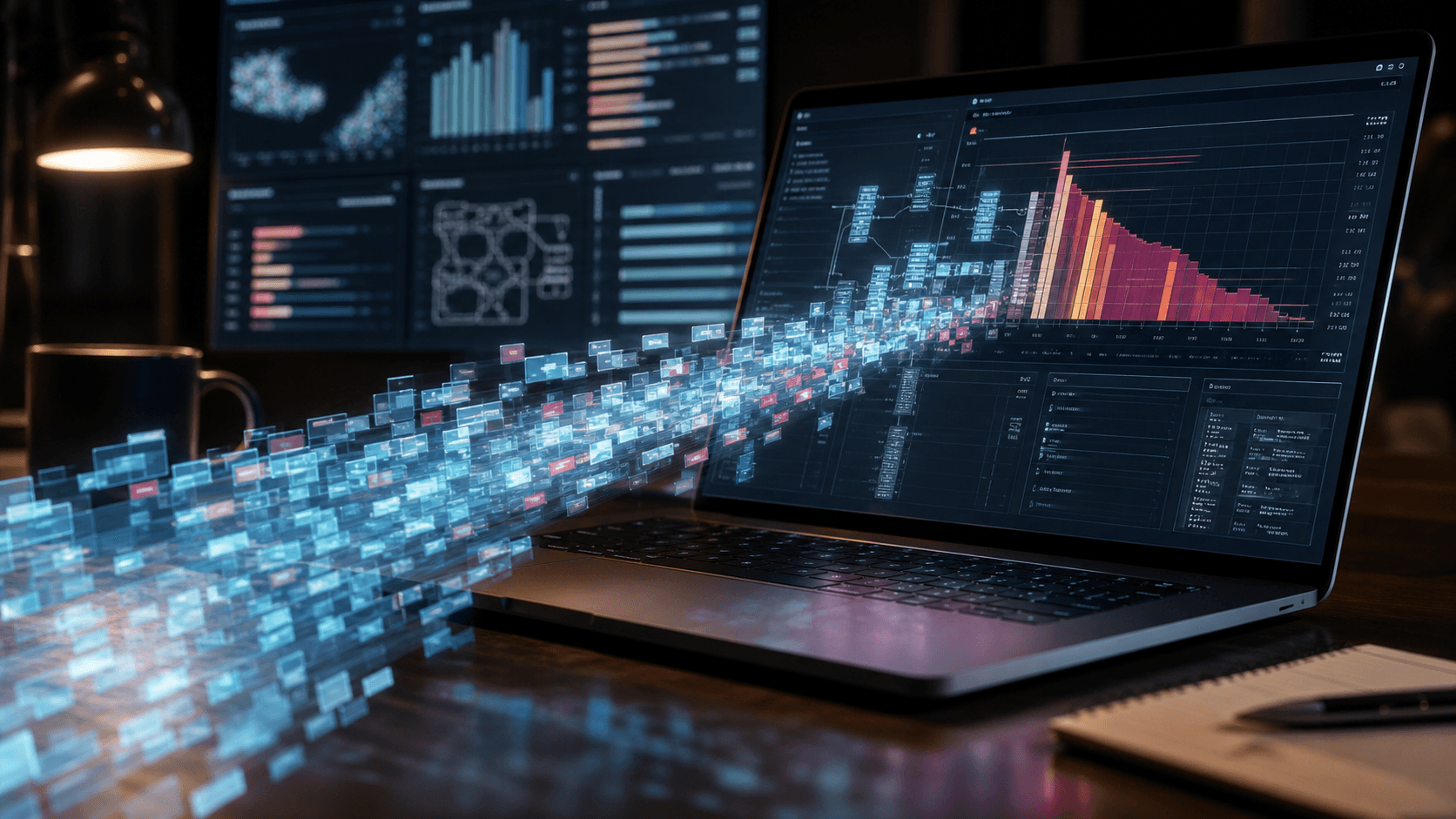 Laptop analytics scene visualizing hidden token waste as glowing data fragments.